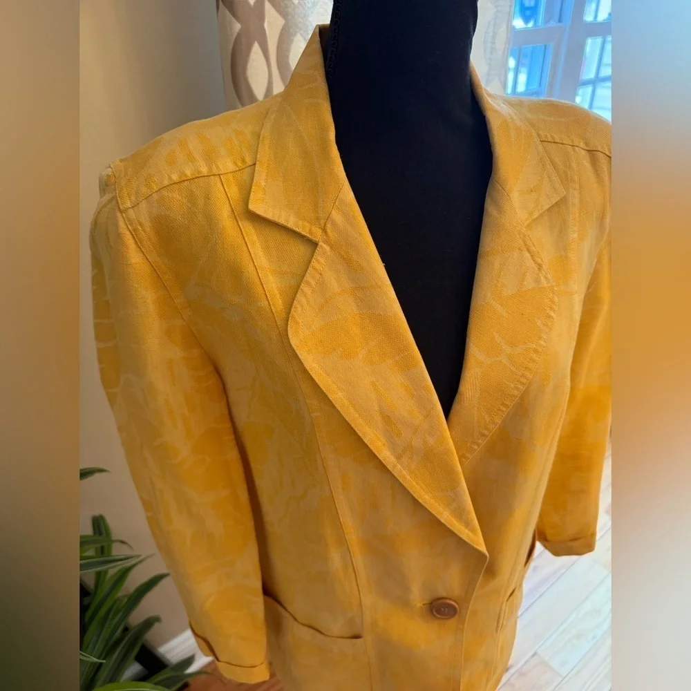 VTG Christian Dior 1 Button Cotton/Linen Yellow Palm Women’s Blazer Size 6 READ - Picture 2 of 16